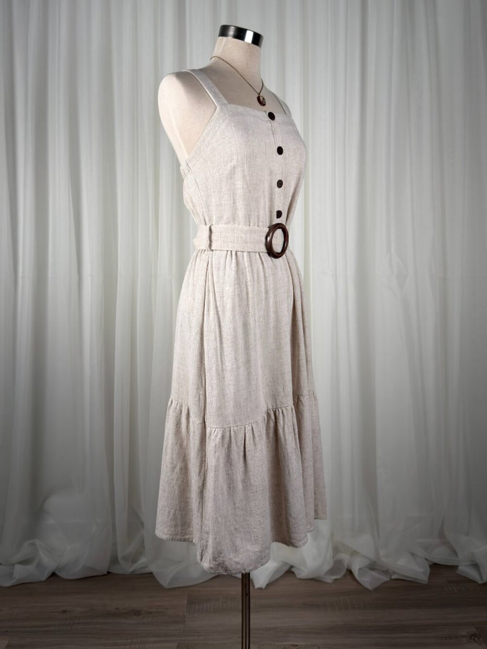 Monteau Belted Button Front Tiered Midi Sundress Cottagecore Beige Womens Size M - Picture 4 of 8